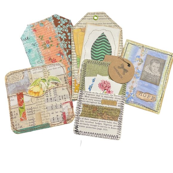 5 Handmade Bookmark Junk Journal Tags Sewn Vintage Style Scrapbook u D - Picture 1 of 7